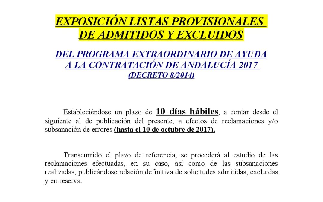 EXPOSICIÓN LISTAS PROVISIONALES DE ADMITIDOS Y EXCLUIDOS 1
