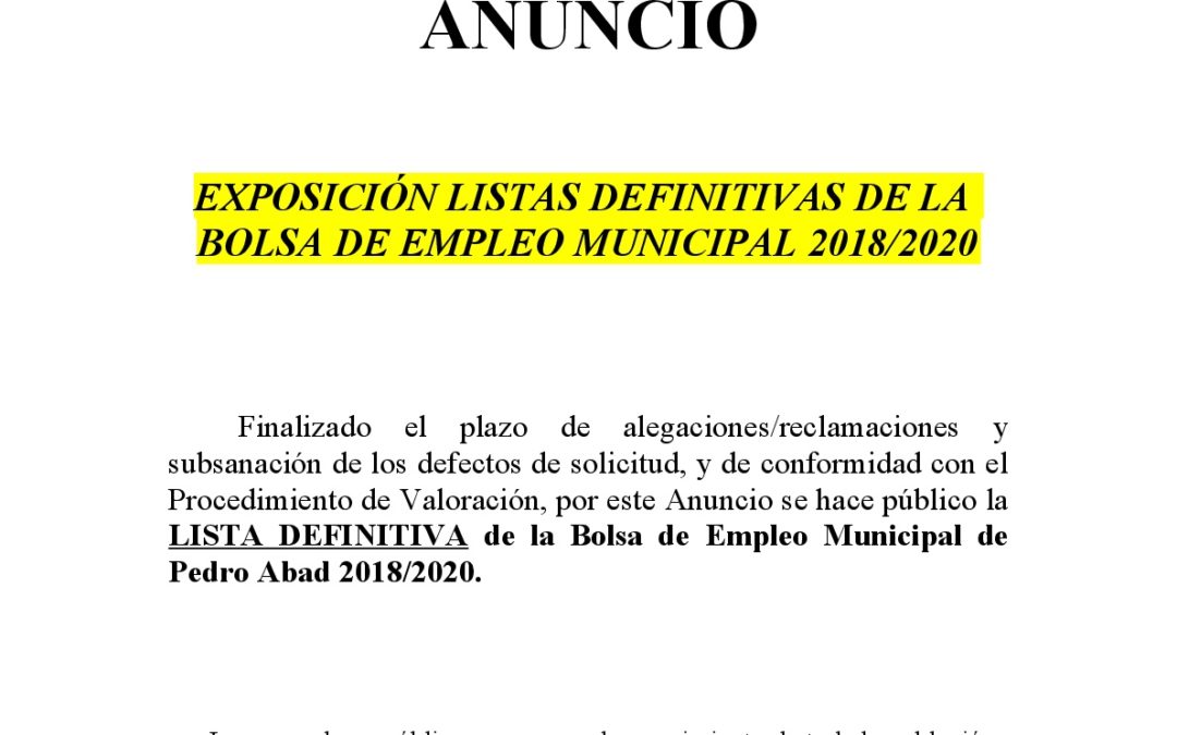 Listas Definitivas Bolsa Empleo Municipal 2018 1