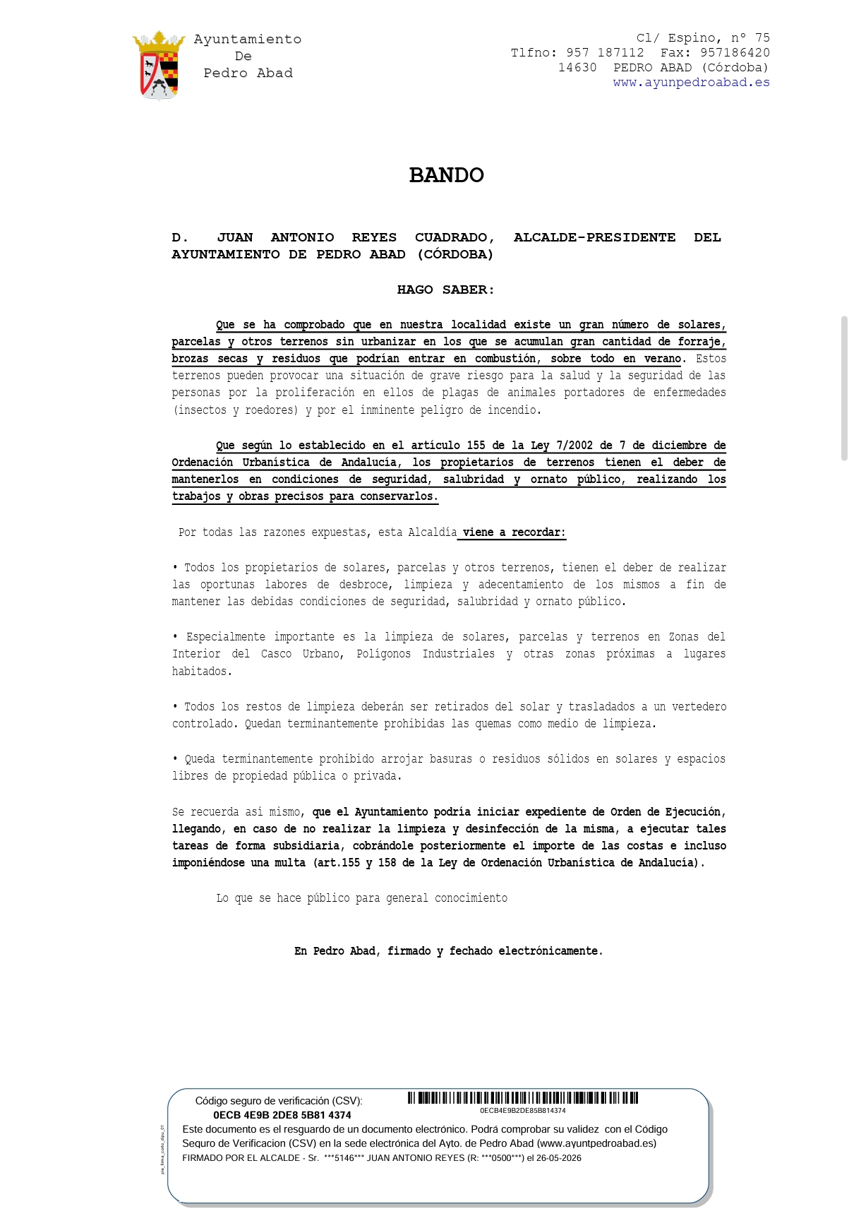 El Ayuntamiento de Pedro Abad recuerda la obligación de mantener limpios solares y parcelas para evitar riesgos sanitarios e incendios