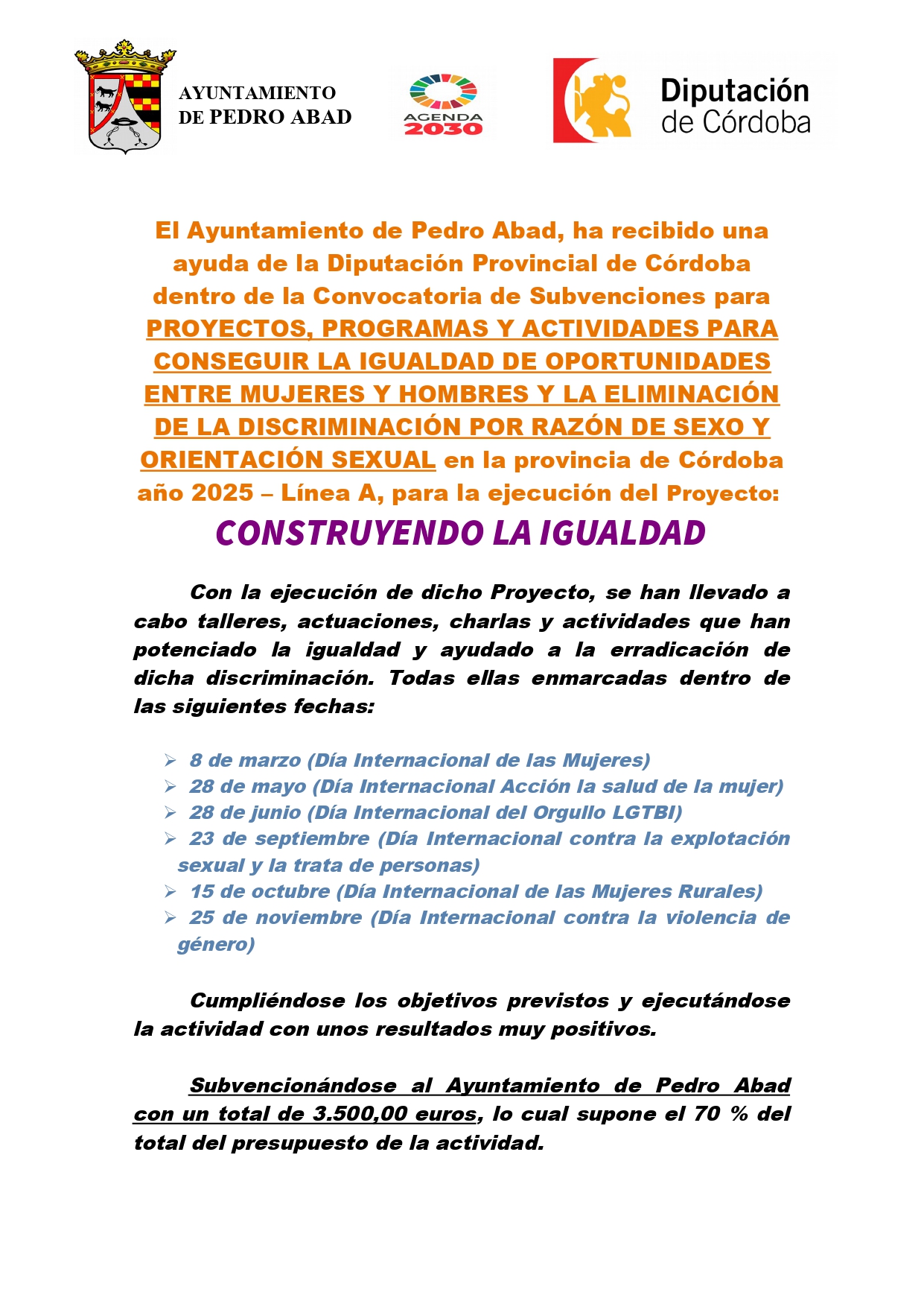 El Ayuntamiento de Pedro Abad desarrolla el proyecto «Construyendo la Igualdad» con el apoyo de la Diputación de Córdoba