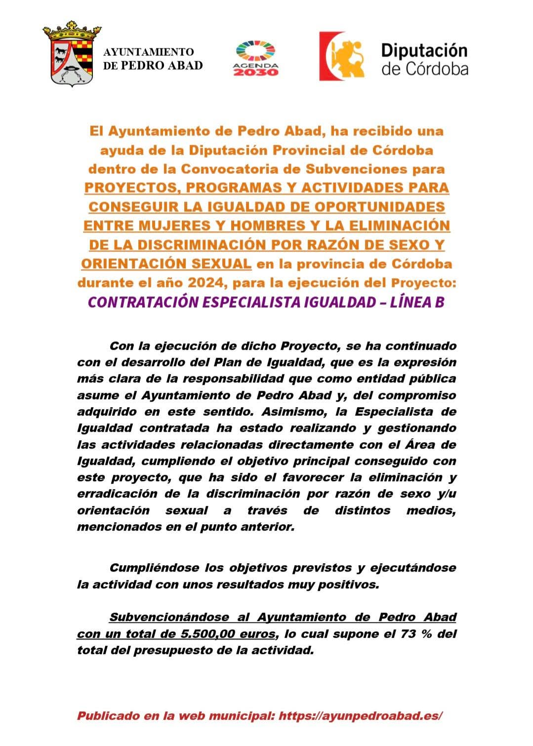 El Ayuntamiento de Pedro Abad impulsa el Plan de Igualdad con una ayuda de 5.500 euros de la Diputación de Córdoba