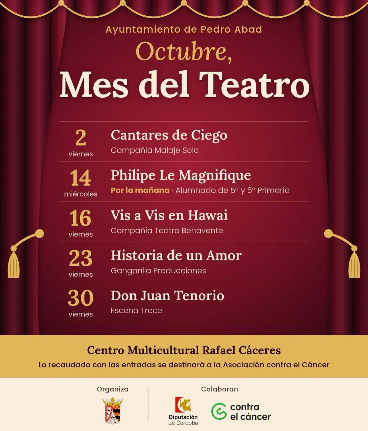 Pedro Abad dedica el mes de octubre al teatro con cinco propuestas en el Centro Multicultural Rafael Cáceres